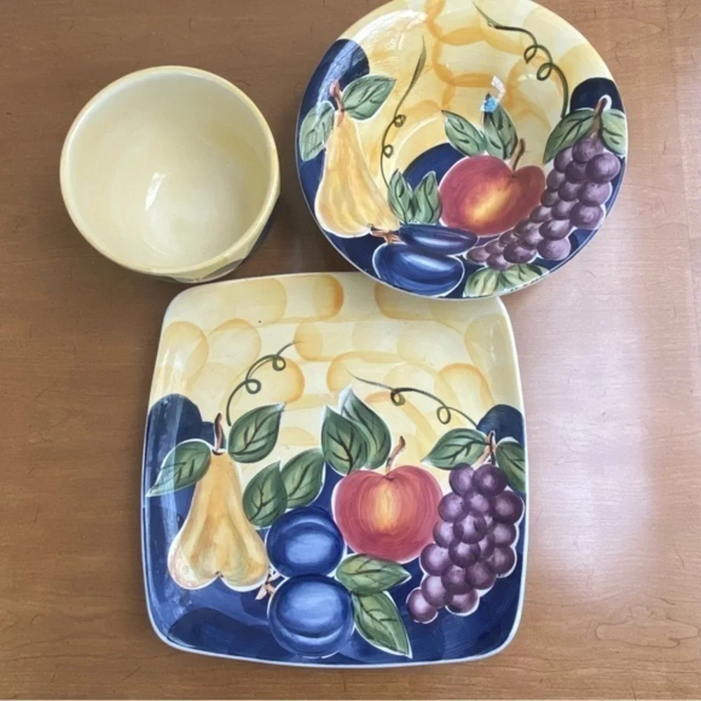 Pier 1 Farmhouse blue yellow ceramic hand-painted Platter Bowls Servewar…